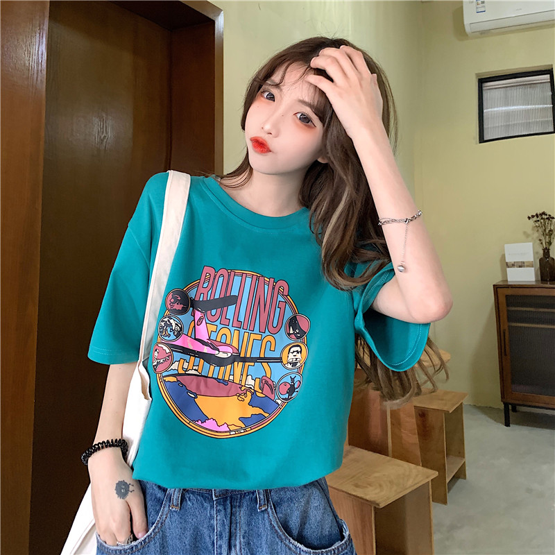 Real shot cotton cartoon printed short sleeve summer casual T-shirt and half sleeve top