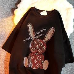 Guantu milk silk sanding and hot drilling rabbit sanding short sleeve t-shirt female loose T-shirt