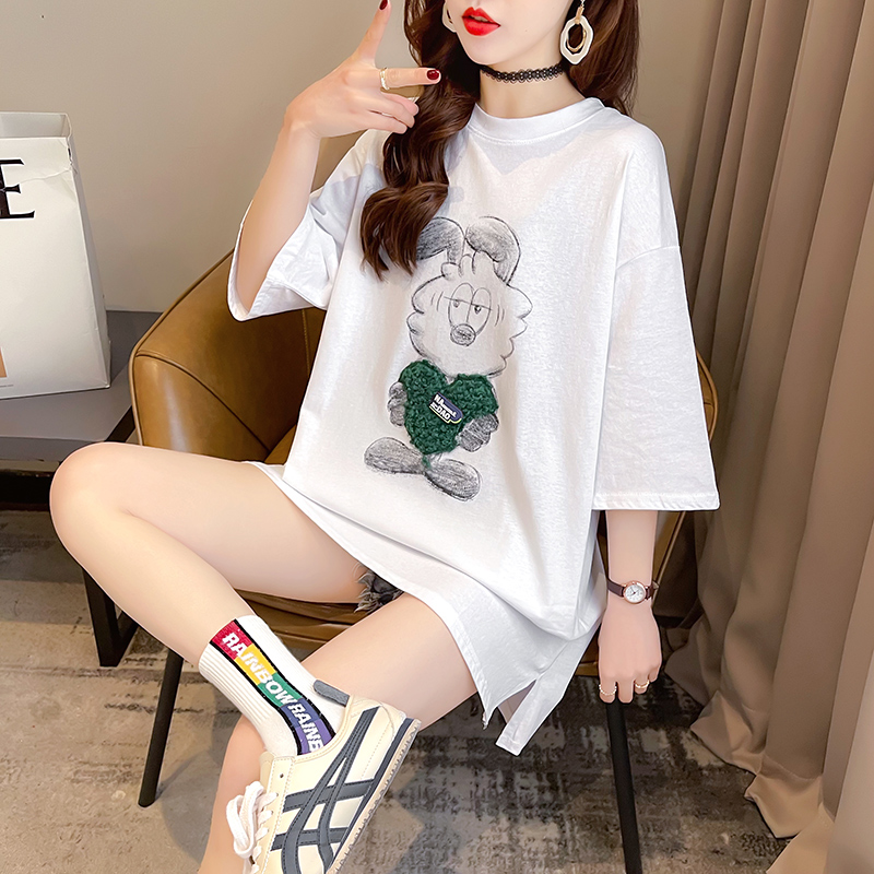 Real shot short sleeve T-shirt women's summer new fashion Korean embroidery top large women's dress