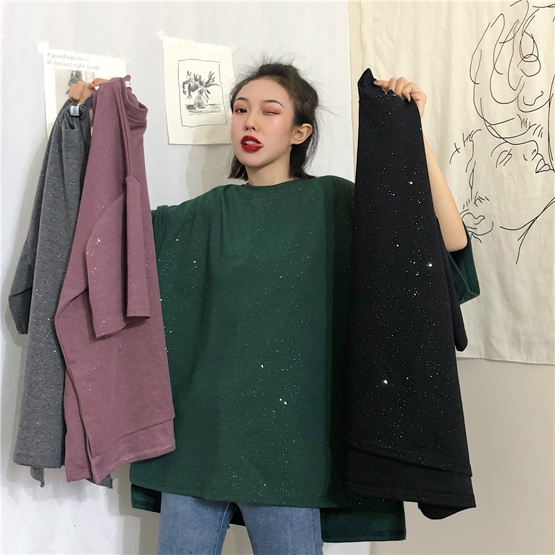 Live shooting small video women's dress air bottoming shirt fashion versatile loose shiny short sleeve T-shirt women's top