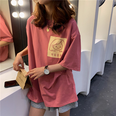 Real shot cotton cartoon round neck Short Sleeve T-Shirt New Women's loose top
