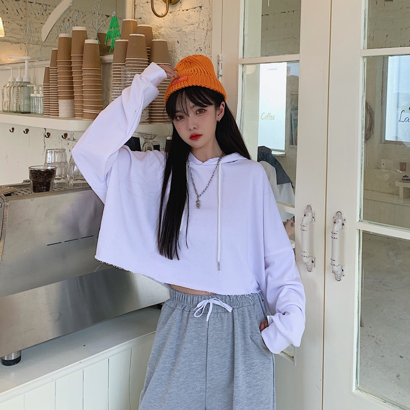 Real shooting autumn new solid color short Hooded Sweater female versatile student jacket