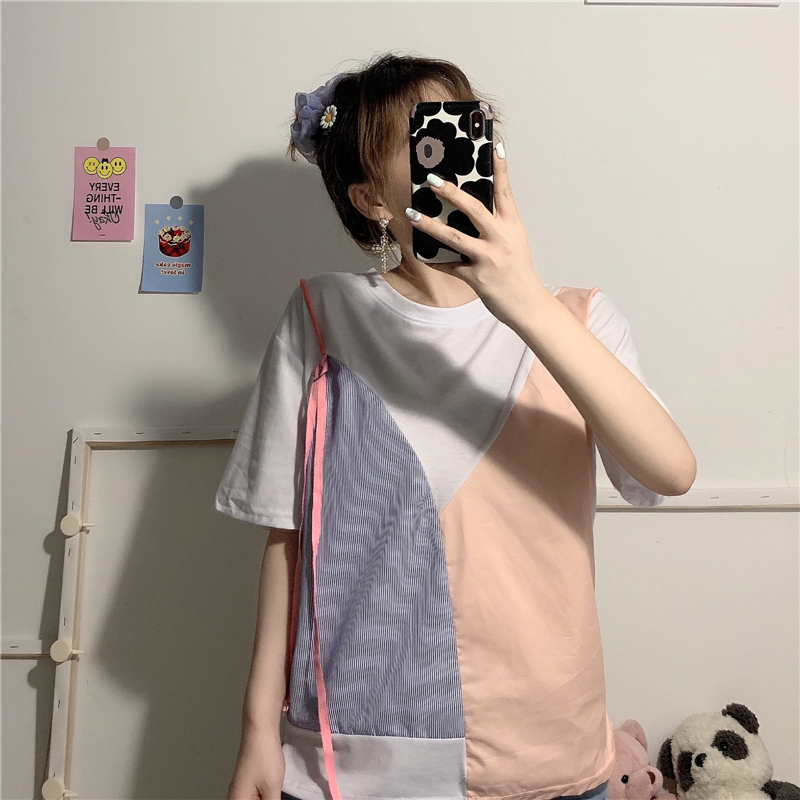 Real shot cotton stripe lace up short sleeve T-shirt loose and versatile