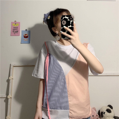 Real shot cotton stripe lace up short sleeve T-shirt loose and versatile