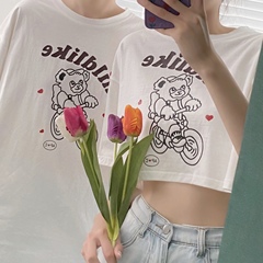 實拍 純棉螺紋領 T恤女百搭印花中長款上衣女