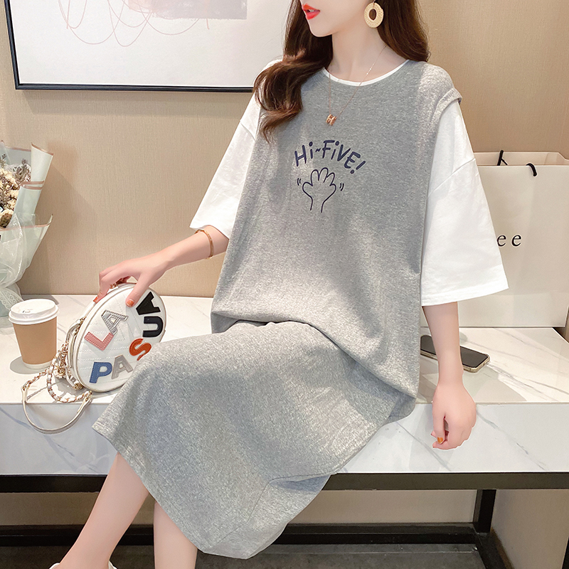 Real shot short sleeve T-shirt women's summer 2021 new fashion and vacation two pieces of medium length top large women's clothing