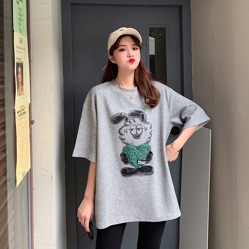 Real shot short sleeve t-shirt female 2021 new Korean loose cartoon 3D letter printing top fashion