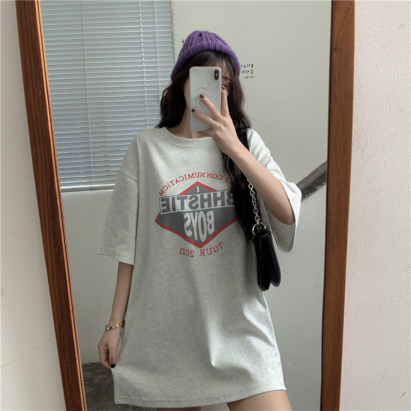 Real shot 6535 cotton short sleeve design women's niche medium length versatile short sleeve T-shirt women's top