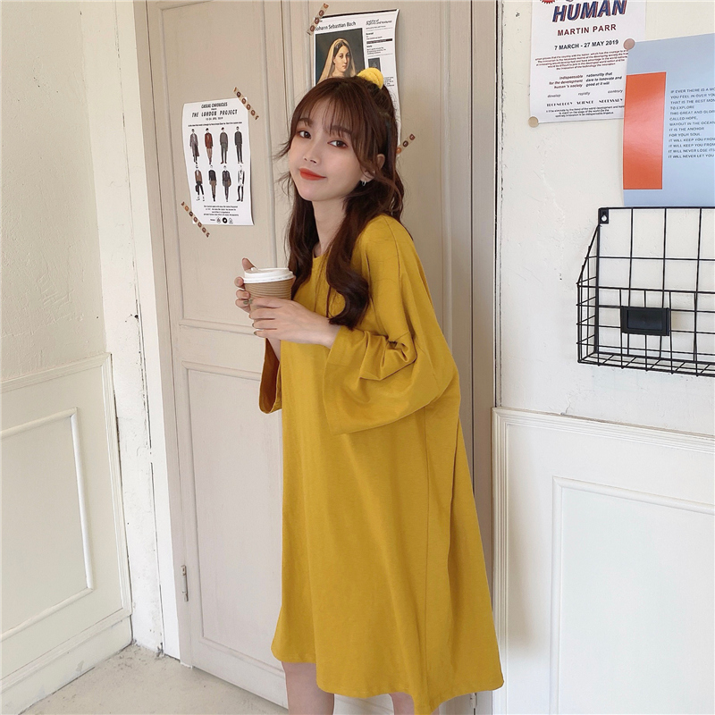 Real shot cotton summer loose medium length short sleeve T-shirt dress T-Shirt Top Fashion
