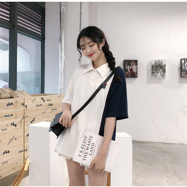 Real shot cotton color matching collar loose T-shirt student short sleeve love Shirt Top