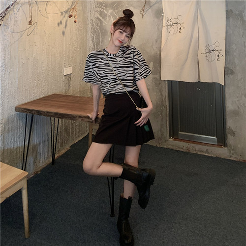 Real price cotton zebra top women's Short Sleeve Black and white stripe Korean loose