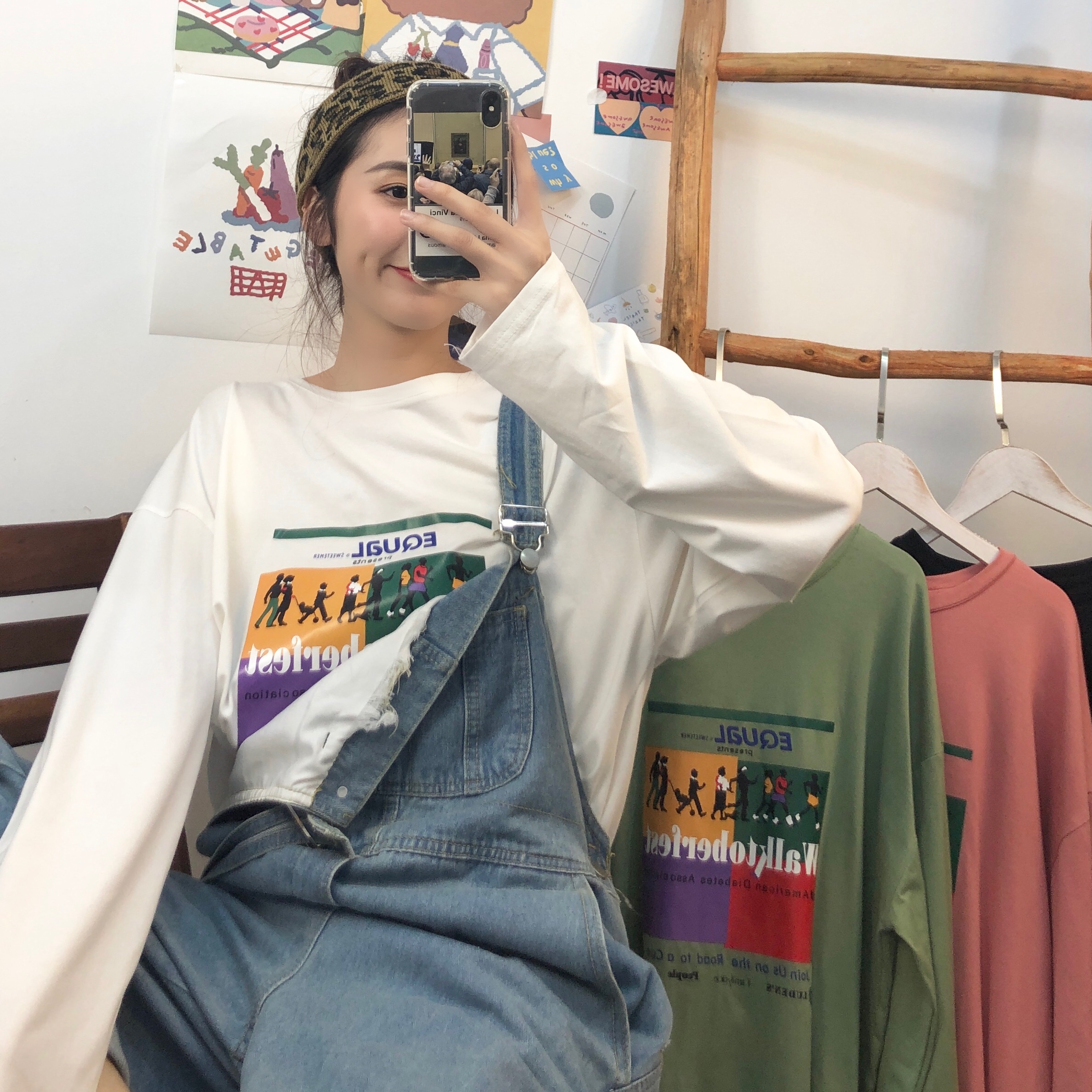 Real shot Korean versatile color loose student cartoon print round neck Pullover T-shirt women's long sleeve bottom coat