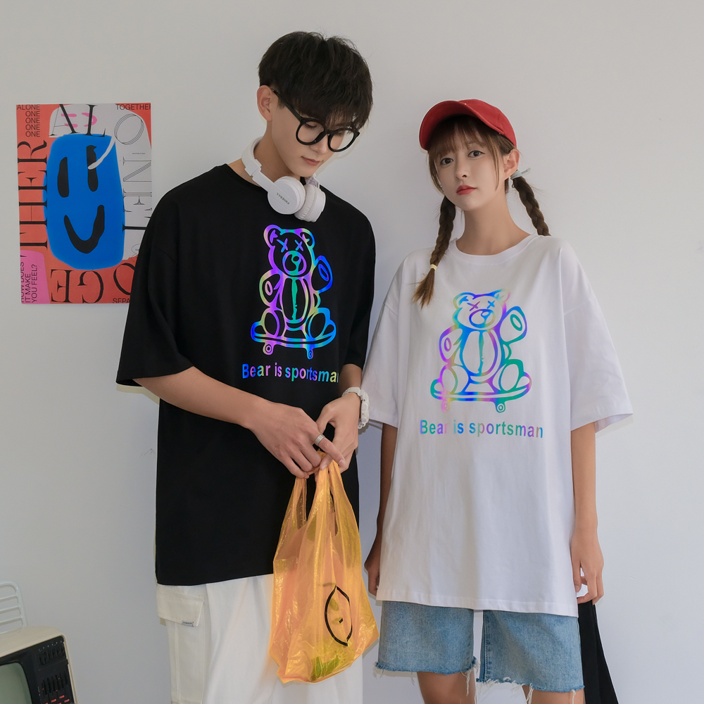 Real photo reflective bear T-shirt fashion couple short sleeve top Hong Kong style 5-sleeve