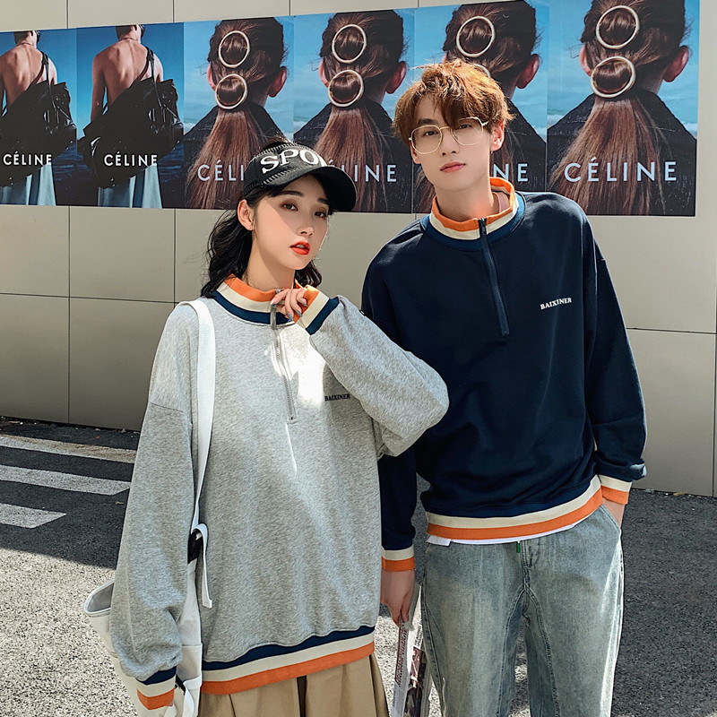 Real shooting lovers' loose medium length color matching standing collar salt long sleeve sweater