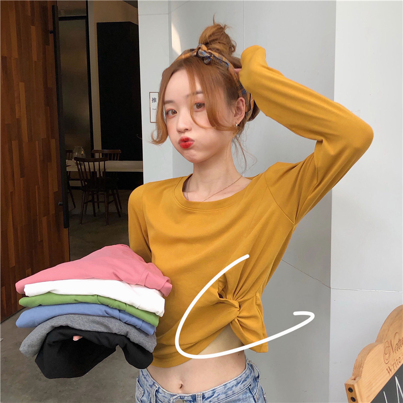 Real shot early autumn long sleeve T-shirt women's solid color high waist short knotted top slim fit