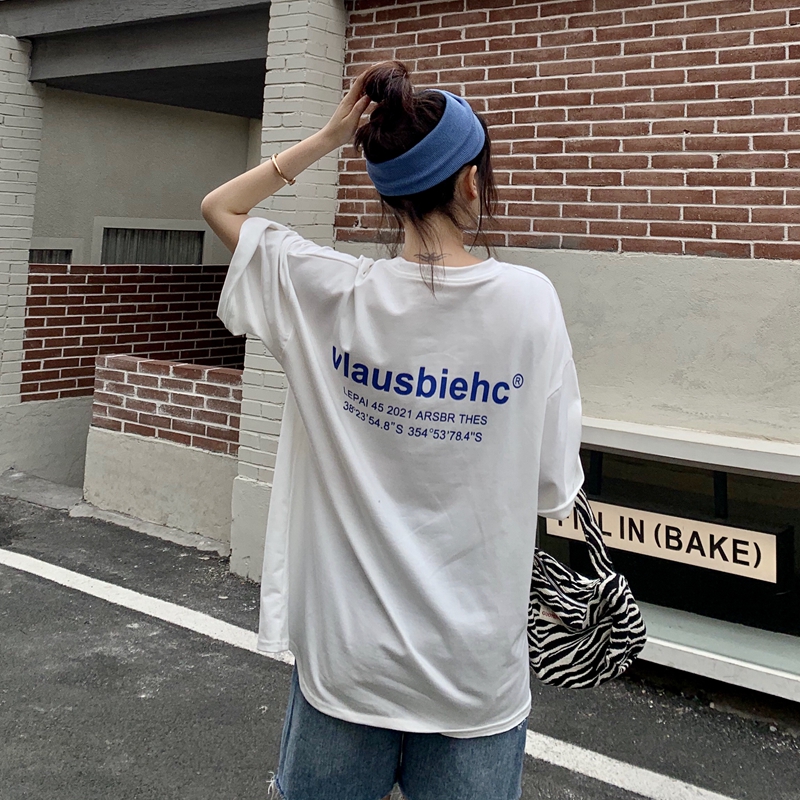 Real shot pull frame medium length new Korean loose front and back printed short sleeve T-shirt blouse