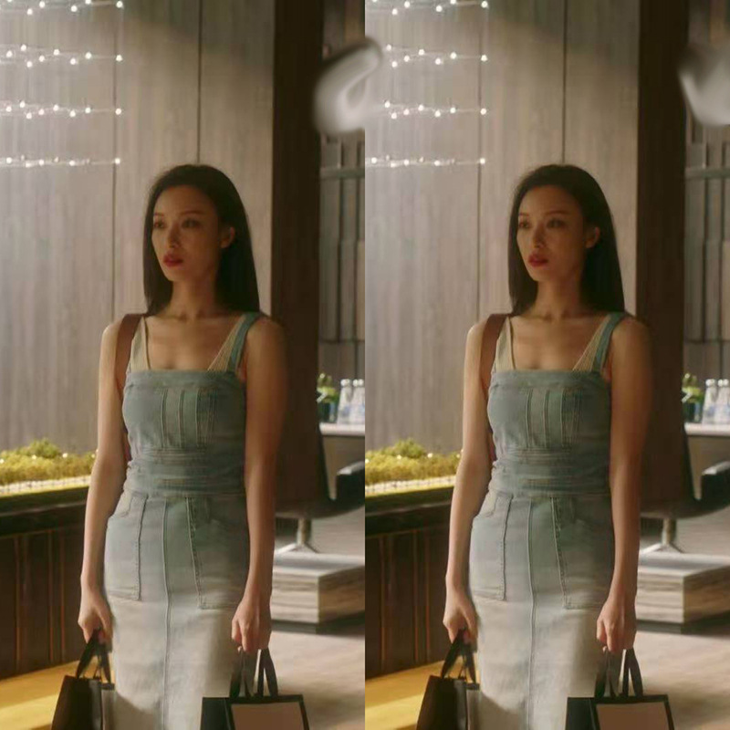 Ni Ni's golden years: the same temperament, age reduction, body-building, bra, buttock and knee length denim suspender dress