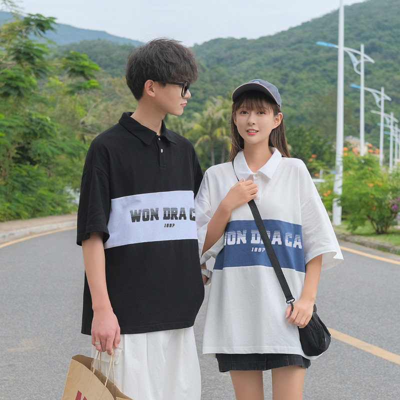 Real shot cotton Hong Kong Style Japanese couple's color contrast Lapel T-shirt student short sleeve polo shirt