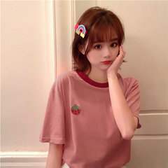 Real shot cotton embroidered strawberry short sleeve T-shirt women's fashion super fire summer top