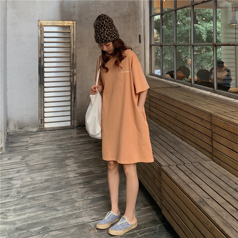 Real shot cotton summer pocket lazy skirt short sleeve medium length T-shirt loose split dress