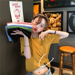 Real shot cotton summer new Korean high waist short tie slim short sleeve t-shirt female minority