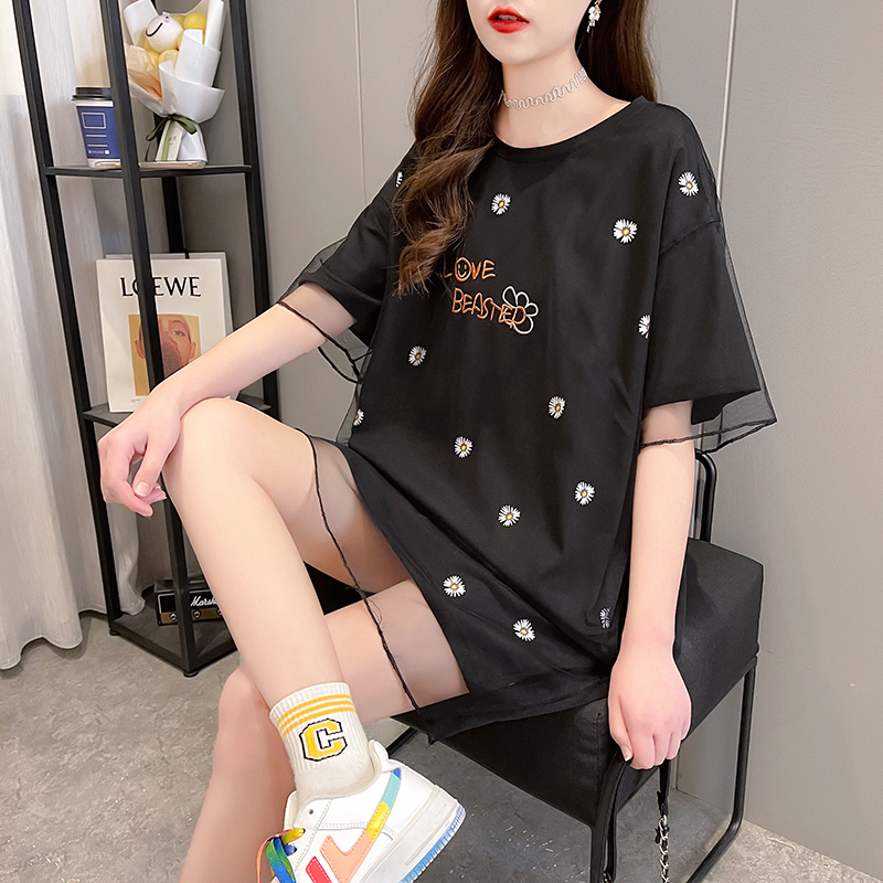 Real shot short sleeve T-shirt women's new summer net yarn fake two piece top large women's dress