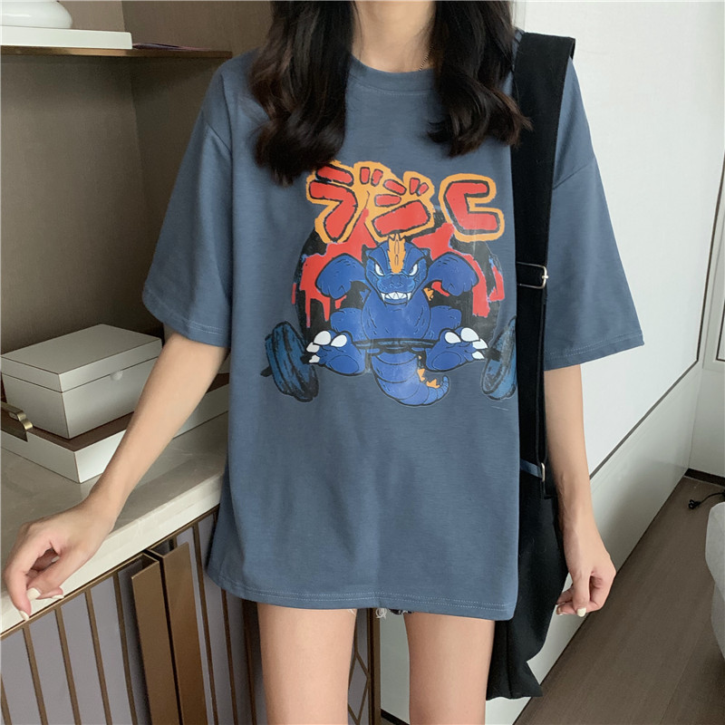 Real time retro cartoon print with top loose BF versatile short sleeve T-shirt
