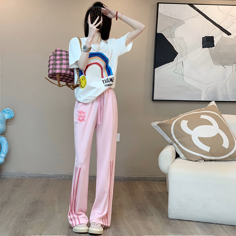 时尚运动套装女夏装宽松冰丝薄款纯棉短袖T恤休闲阔腿长裤两件套