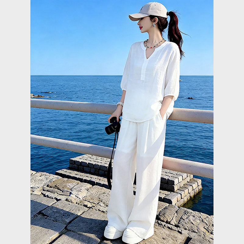 韩系网红V领显瘦运动两件套女