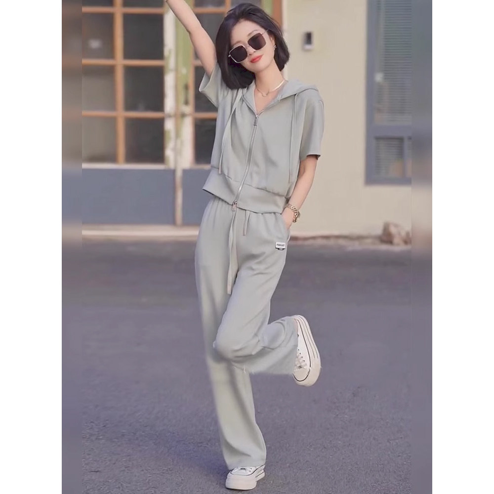 夏季女连帽显瘦直筒裤运动套装