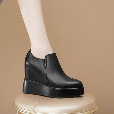 10cm内增高真皮坡跟厚底松糕女鞋