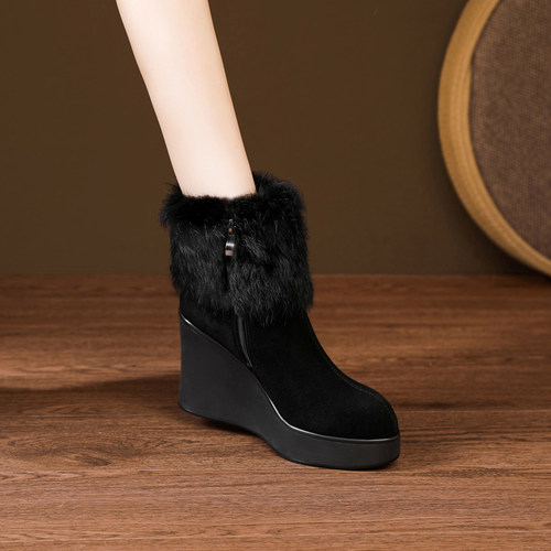 10.5cm厚底增高真皮坡跟马丁靴女秋冬季新款时尚百搭羊毛里短靴子