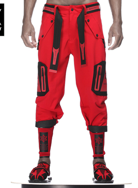 诺凡希 春季红色直筒两穿坠感工装裤男潮牌休闲百搭多口袋束脚裤