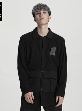 诺凡希\春秋款纯黑色长袖按扣衬衫黑武士保暖潮纯棉工装衬衣外套