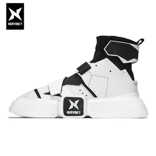厚底增高魔术贴皮小白鞋 男女黑白机甲高帮鞋 诺凡希春秋机能风板鞋