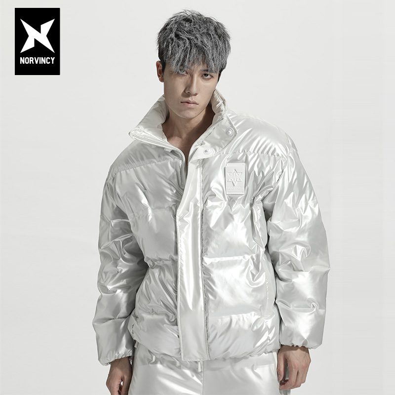 诺凡希亮面银色棉衣男冬季反光未来感小众纯色立领朋克潮棉服外套