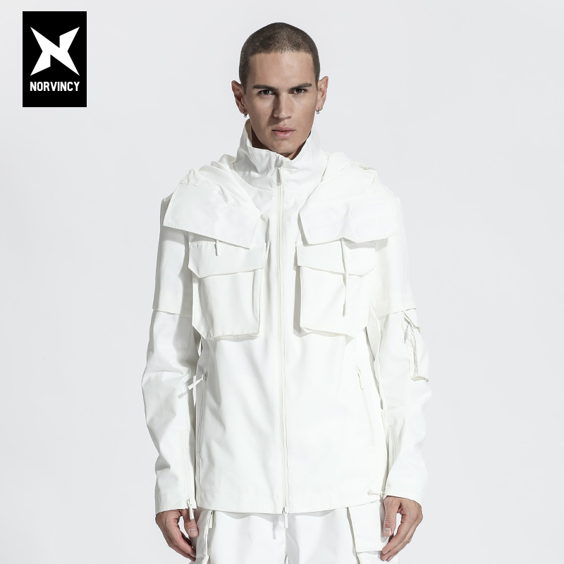 诺凡希户外短款连帽休闲外套防风国潮机能风男女拉链白色开衫夹克