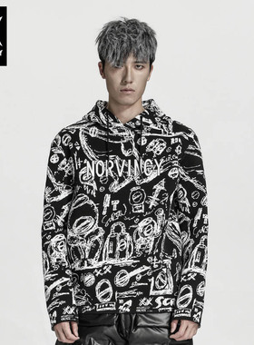 诺凡希连帽卫衣男黑色个性涂鸦潮牌百搭休闲时尚美式高街男女上衣
