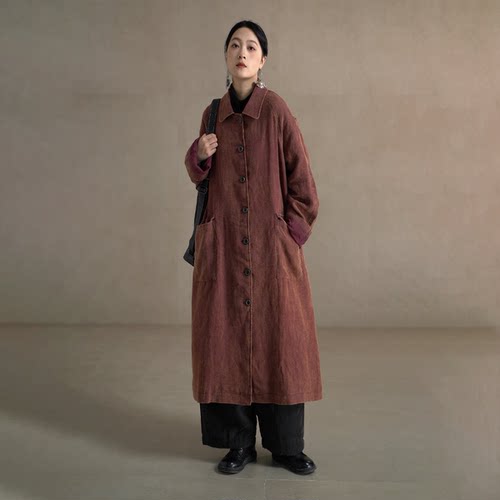 【以之】设计师品牌原创复古翻领亚麻百搭气质风衣大口袋长款外套