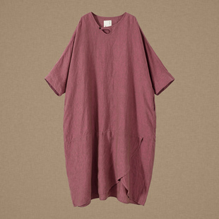 【以之】设计师品牌原创亚麻水滴领下摆不规则袍子复古大版袍子女