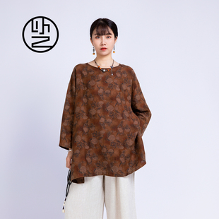 设计师品牌原创文艺圆领开衩大码 复古印花亚麻小衫 上衣女 以之