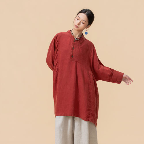 【以之】设计师品牌原创小立领三粒扣上衣手工捏皱宽松亚麻上衣女