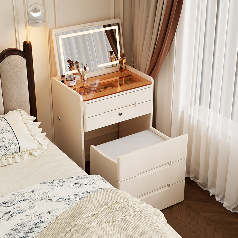 奶油风实木梳妆台小型带镜卧室化妆桌小户型迷你翻盖收纳柜一体桌