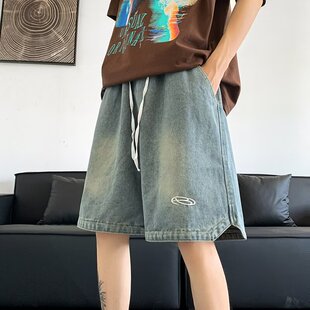 夏季美式复古水洗直筒牛仔短裤男潮牌嘻哈街头宽松休闲阔腿五分裤