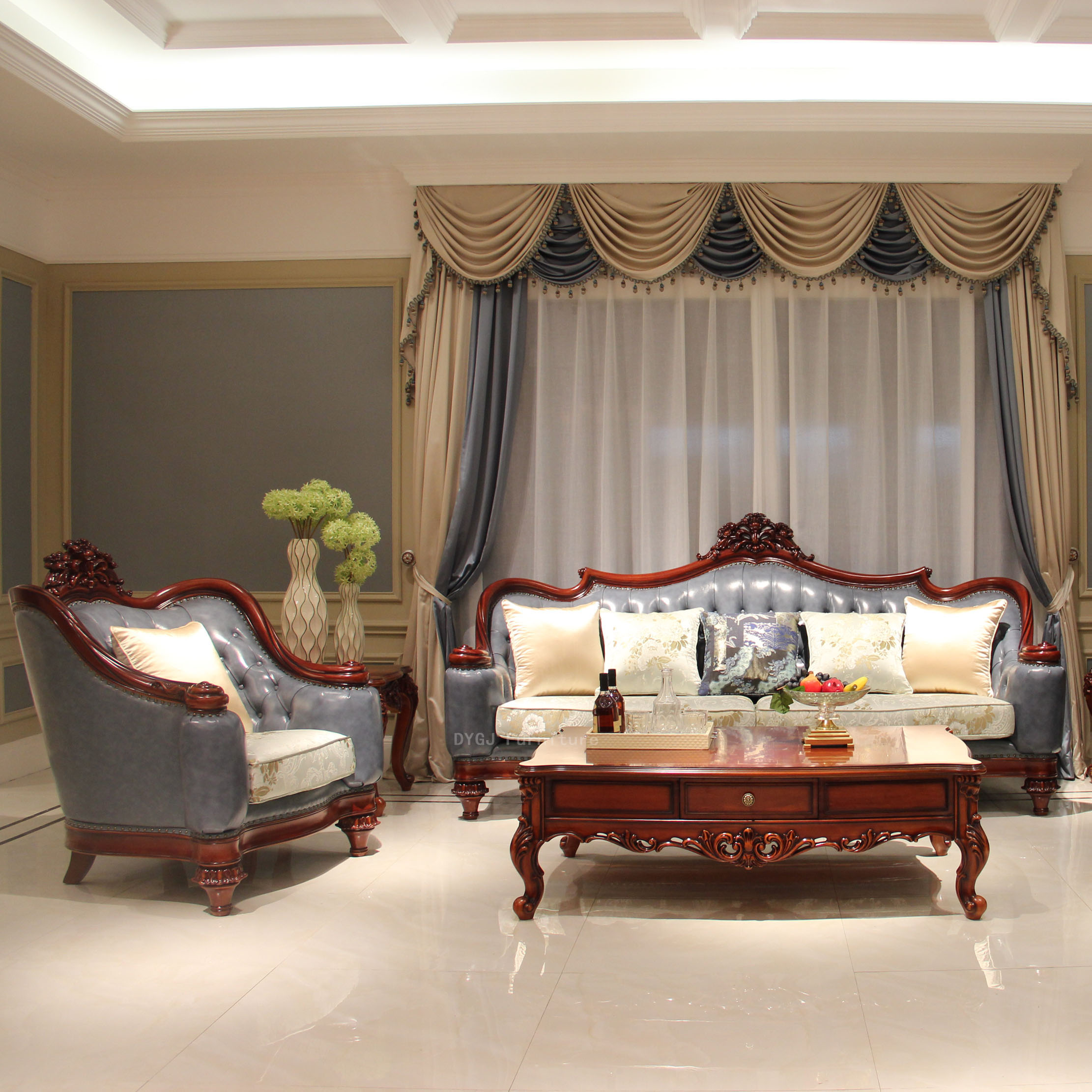 欧式风实木别墅真皮沙发家具