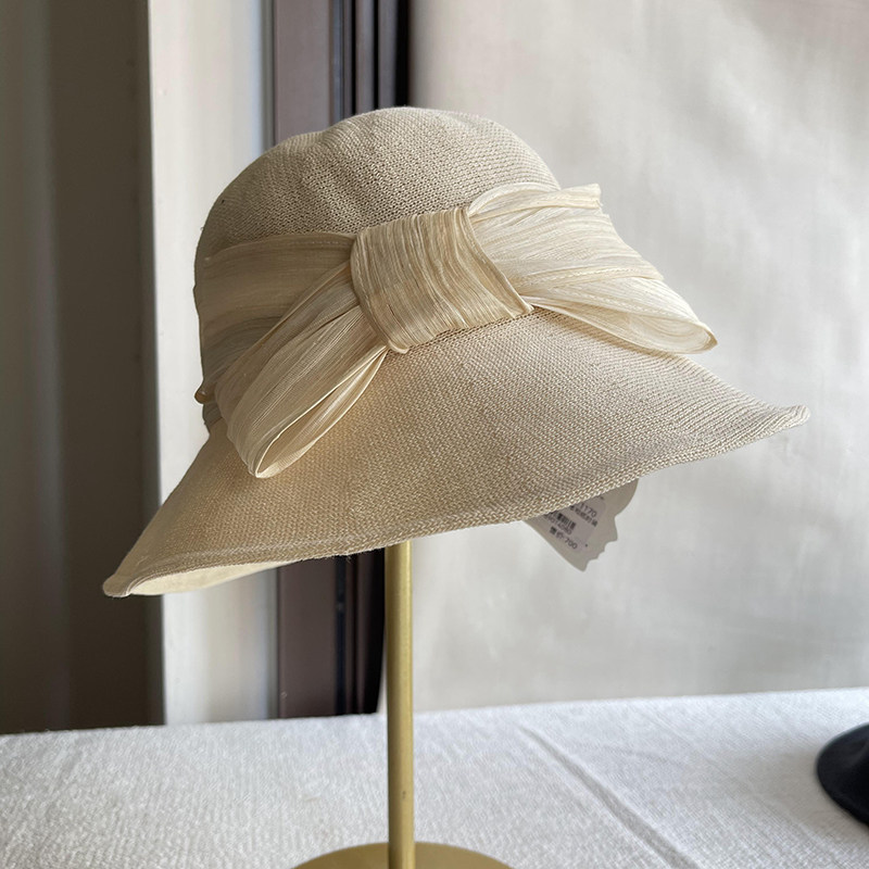 进口和纸麻蝴蝶结装饰渔夫帽子女春夏优雅百搭防紫外线遮阳防晒帽