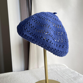蓝色紫色镂空亚麻轻巧透气夏季 纯色画家帽韩版 时尚 贝雷帽子女春季