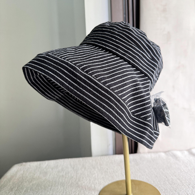 出日本单条纹大沿棉麻渔夫帽子女夏天复古遮阳灯罩帽可折叠盆帽潮