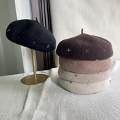 日系手工珍珠水钻羊毛贝雷帽子女秋冬新款 画家帽大头围保暖蓓蕾帽