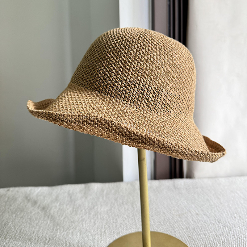 出日本单亚麻卷边大沿渔夫帽子女春夏季镂空遮阳防晒可折叠盆帽潮